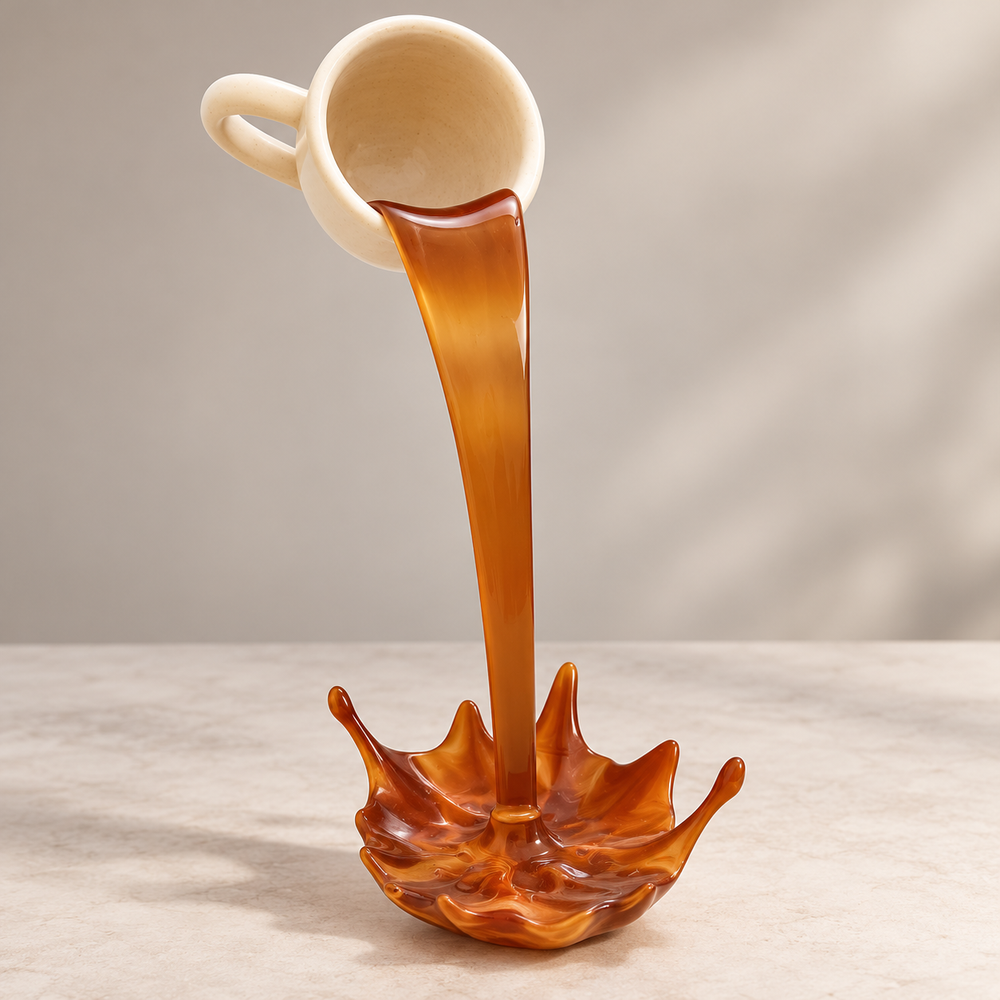 Floating spilled coffee sculpture with tilted cream-colored mug, faux brown liquid stream, and splash-shaped base