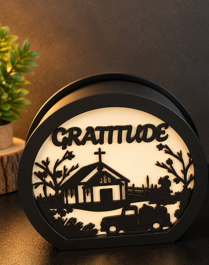 Gratitude layered LED tea light holder with farmhouse scene
