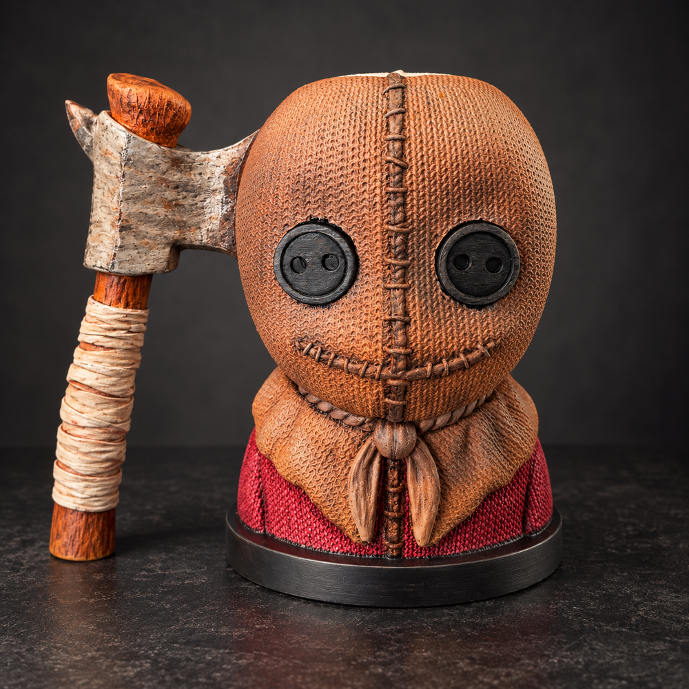 Original hand-airbrushed burlap-textured stitched scarecrow can holder with button eyes; decorative axe pictured